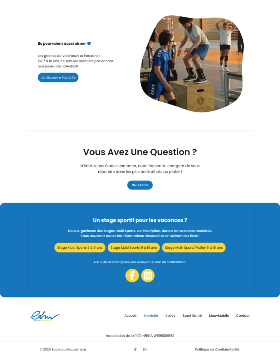 Page dédiée à la présentation du pôle motricité pour enfants et graines de volleyeurs.