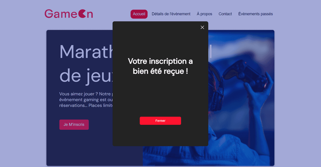 Messages de validation du formulaire sur Game On.