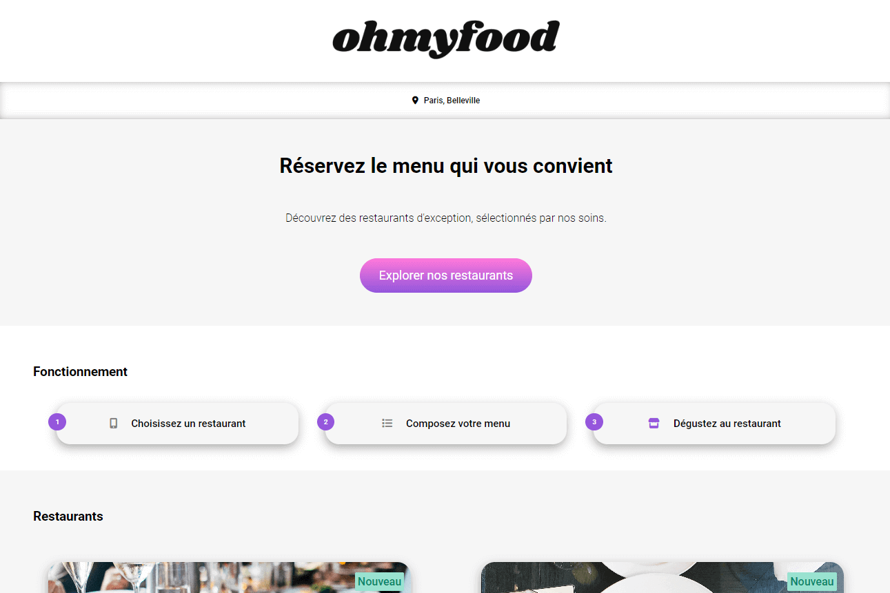Landing Page de Oh My Food avec saisie de la ville.