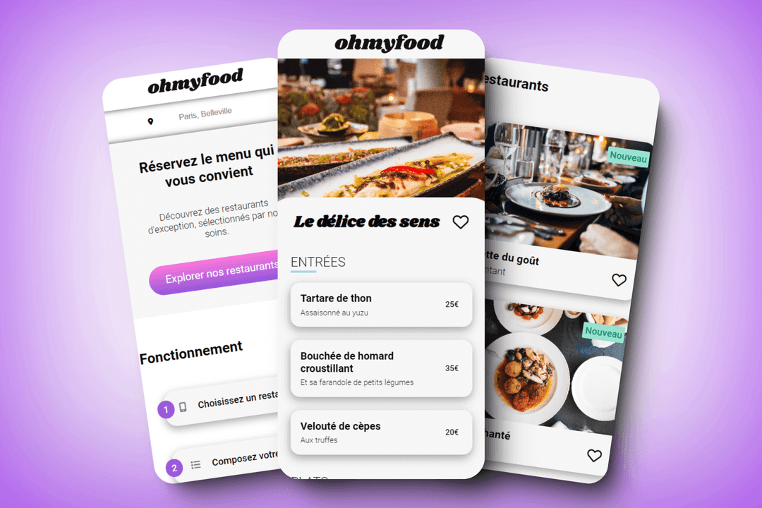 Page d'accueil de Oh My Food sur mobile avec menus interactifs.