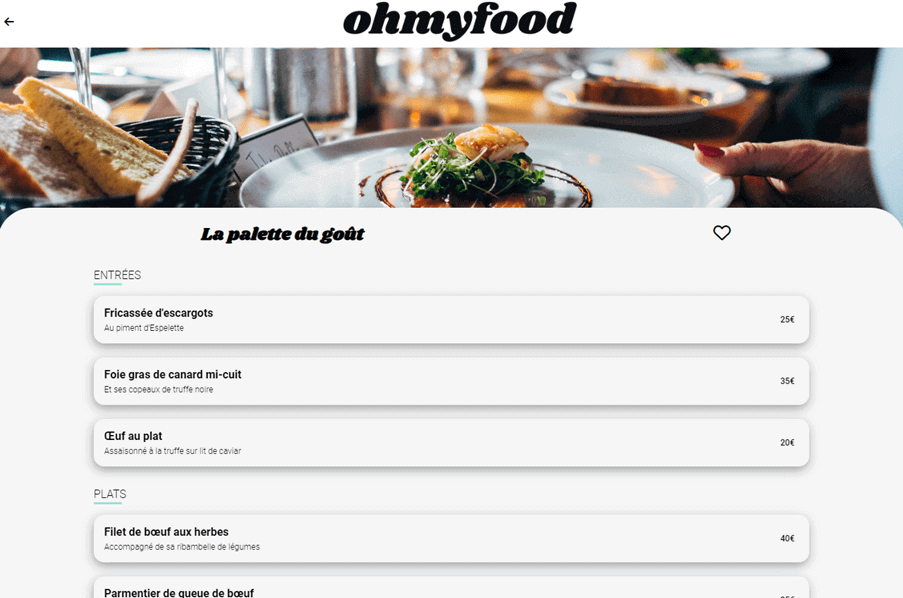 Vue détaillée du menu d'un restaurant choisi.