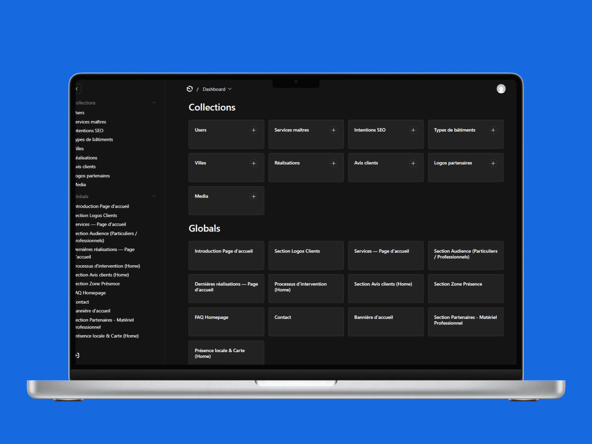 Interface Payload CMS du site ROVClean permettant de gérer les réalisations, les services et les contenus.