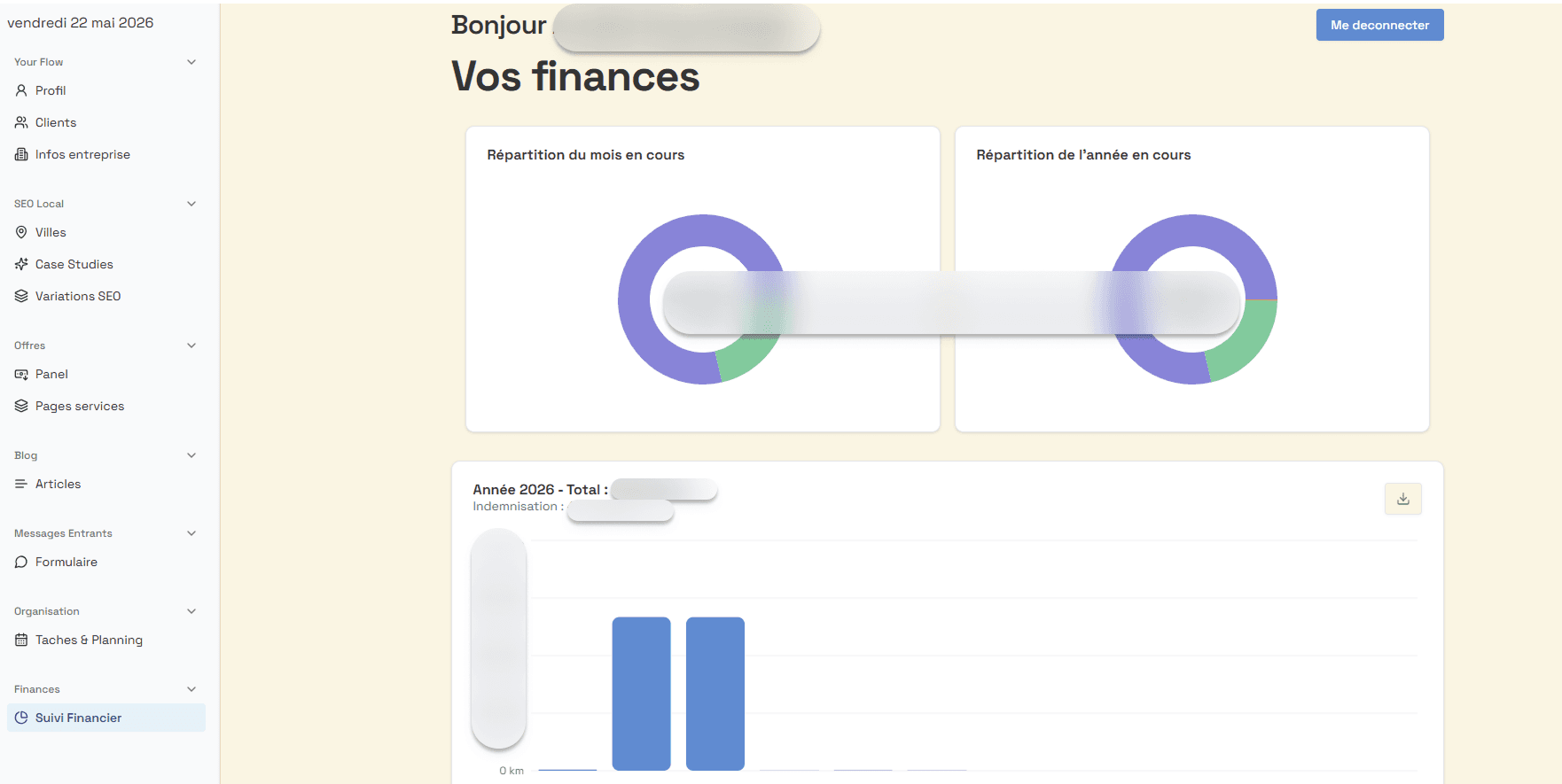 Module finances CRM — CA, URSSAF, bénéfice net Resonance Canine