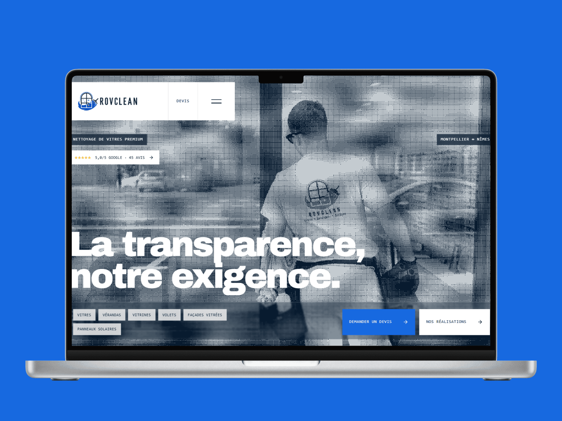 Page d'accueil du nouveau site ROVClean, conçu par Motion Lab pour un spécialiste du nettoyage de vitres entre Montpellier et Nîmes.