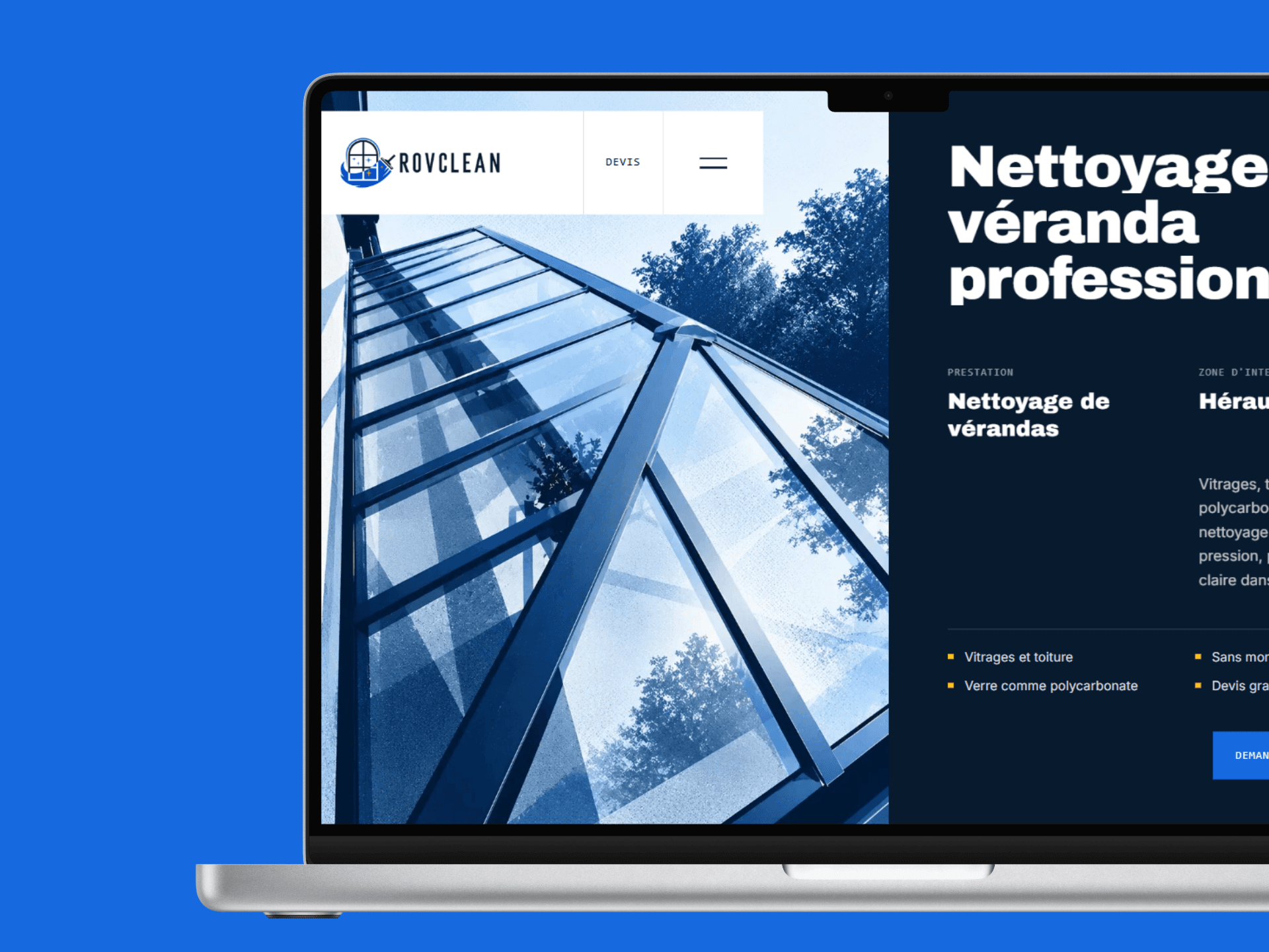 Page service du site ROVClean présentant une prestation de nettoyage de surfaces vitrées avec une architecture SEO locale.