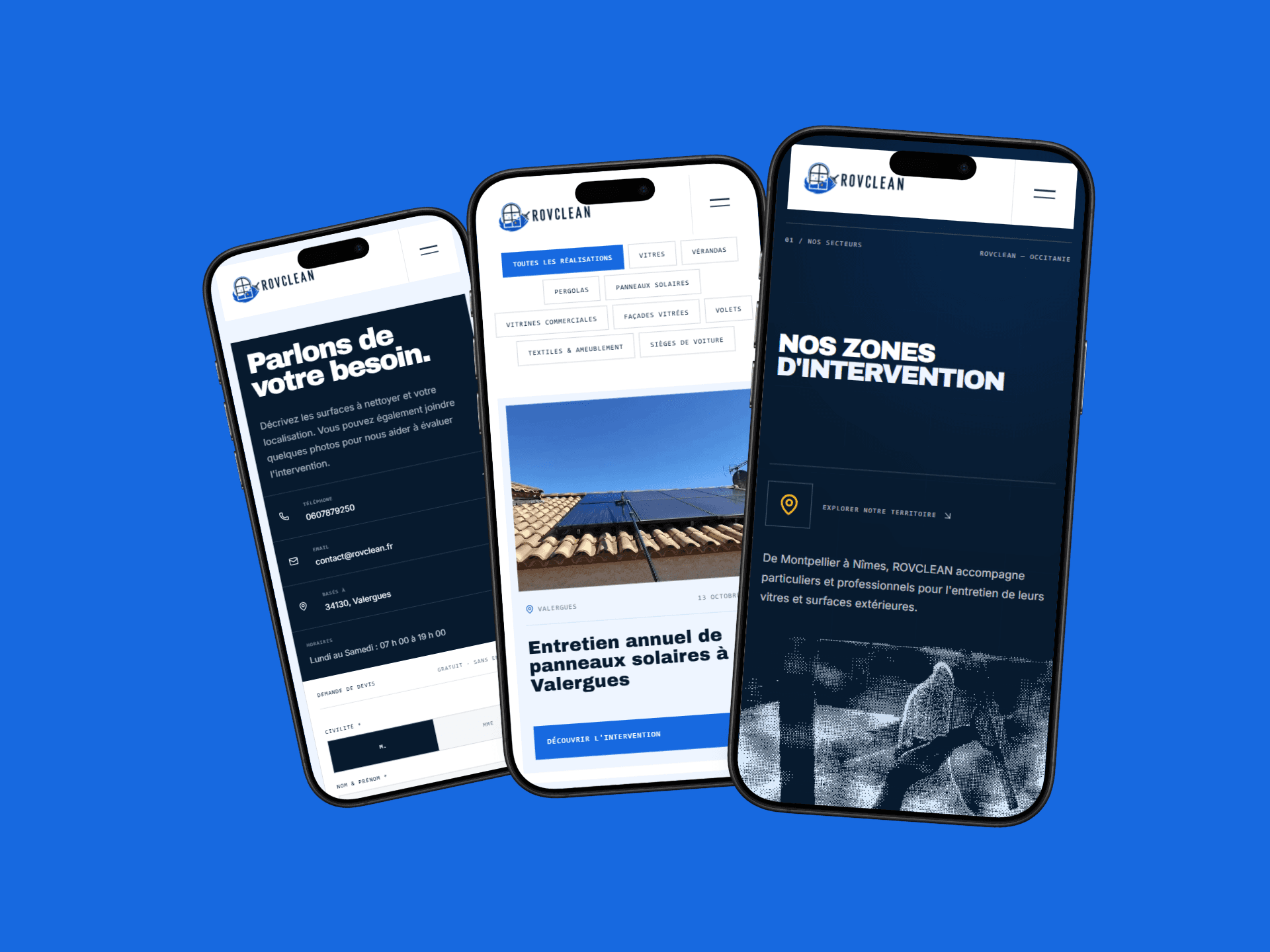 Version mobile du site ROVClean avec navigation responsive, présentation des services et accès à la demande de devis.